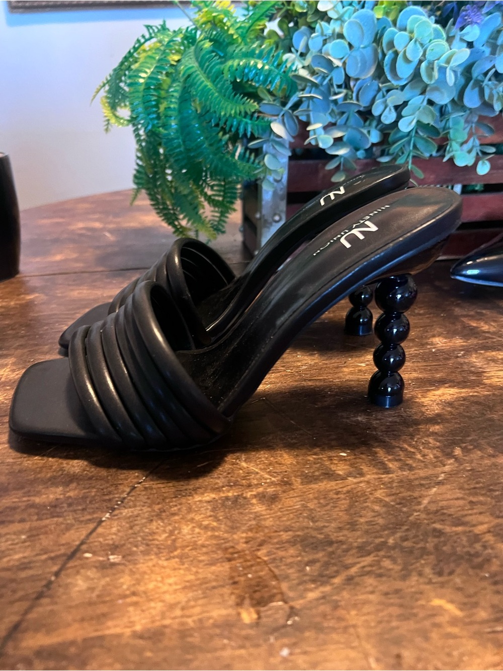 NU Black Beaded-Heel Slide Mules - Sculpted Stacked Strap Upper